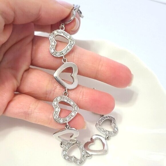 Vintage Sterling Silver Chain Link Crystal Rhinestone Heart Bracelet - Picture 7 of 12